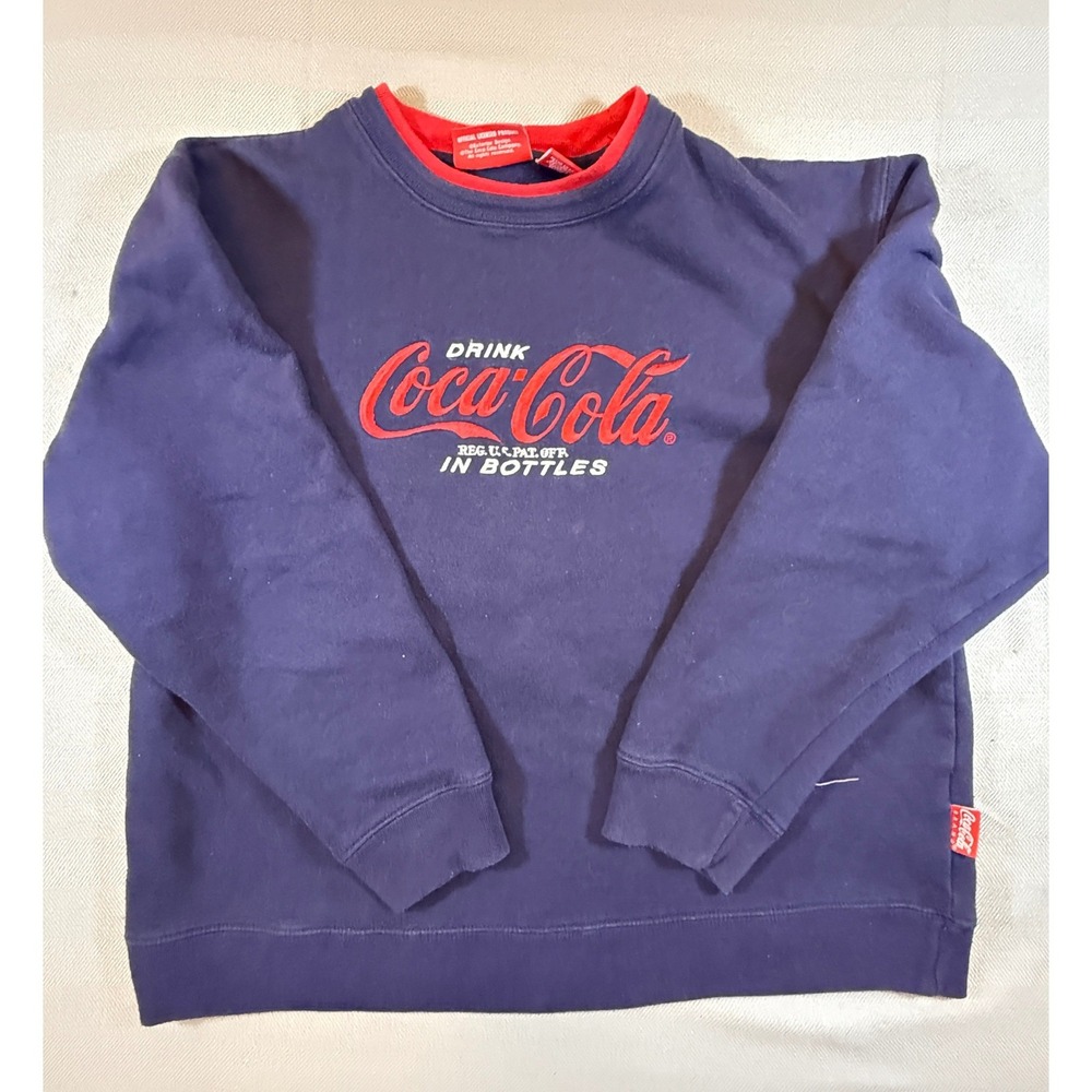 Coca-Cola Brand Blue Ringer Crewneck Sweatshirt Men Medium Embroidered Logo 1766